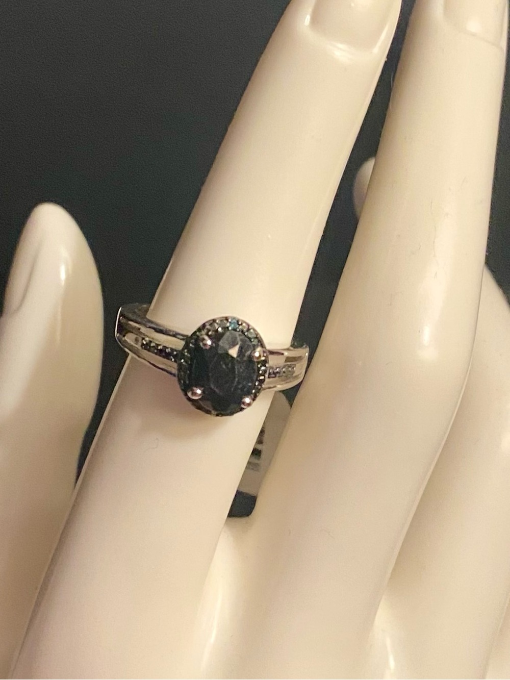 Oval Dark Blue Sapphire Ring with Blue Diamond Accents